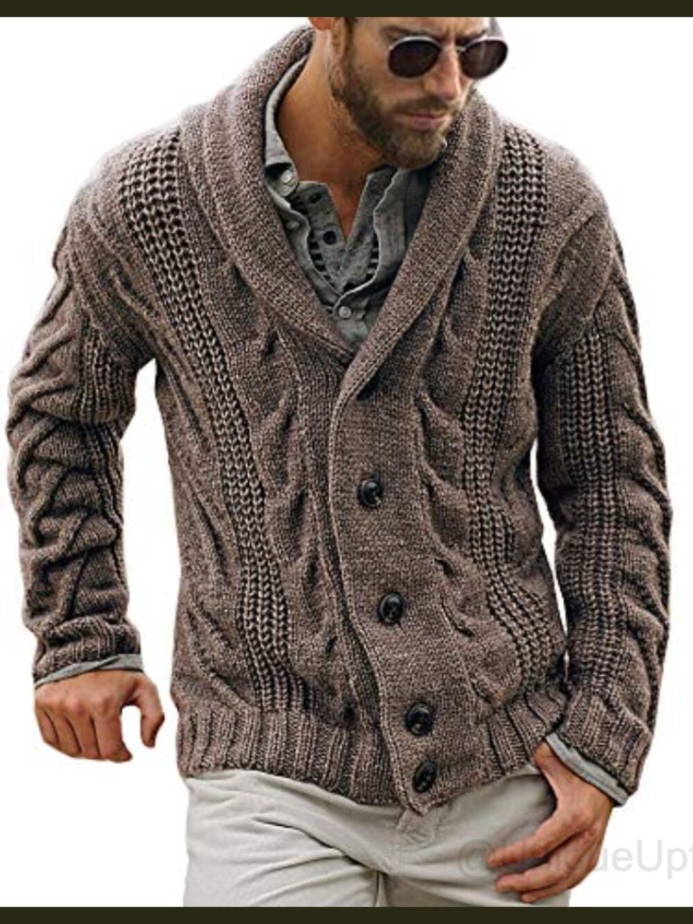 Mens Cable Knit Cardigan Sweater Shawl Collar Loose Fit Button Front